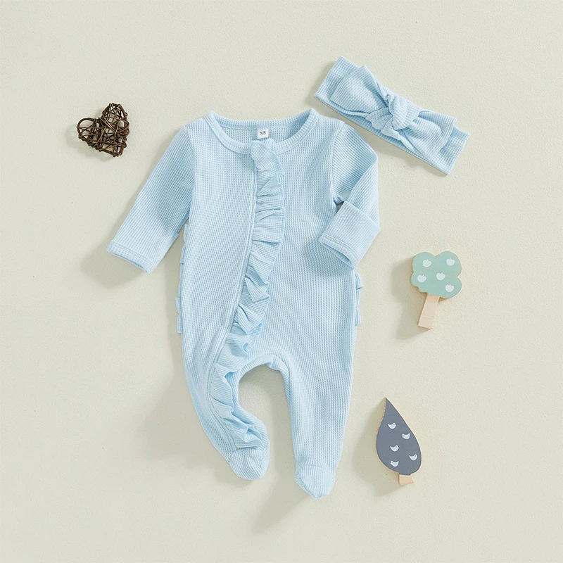 Pudcoco Newborn Baby Girl Fall Outfit Ruffle Trim Long Sleeve Full Length Zipper Footed Romper Bow Headband baby clothes