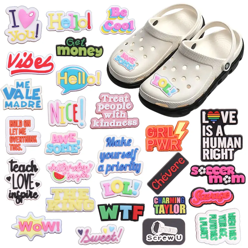 

Hot Sales 1-27Pcs English Phrases Teach Love Inspire Croc Charm Nice Sweet Shoe Button Accessories Fit Kids Jibz Party Present