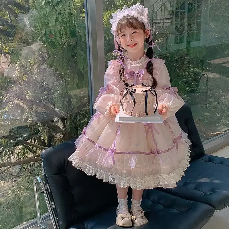 Birthday Party Lolita Sweet Dress Girls Kids Pink-purple Long Sleeve Dress Cute Princess Doll Teen For Girls 2-10Y