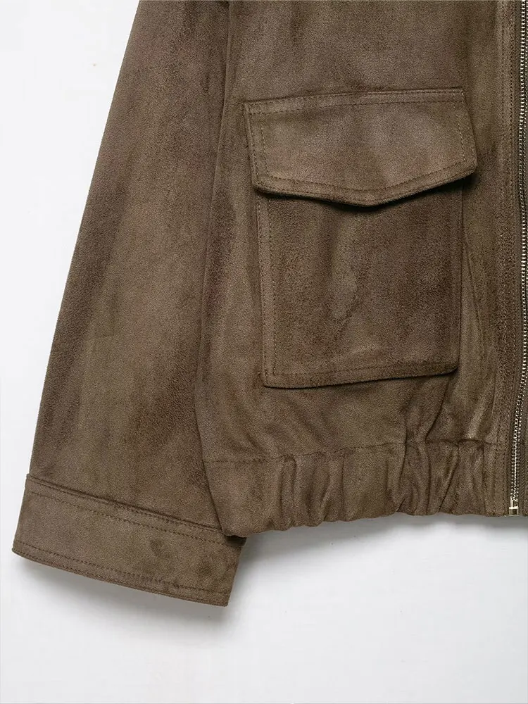 HH Autumn Women Casual Solid Suede Coats Long Sleeve Zipper Bomber Jacket With Pockets Fashion High Street Lady Outerwear