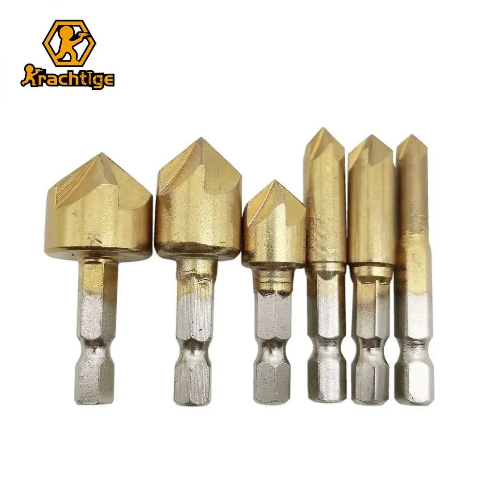 6pcs 5 Flute Countersink Drill Bit Set 90 Degree Counter Sink Chamfer Cutter 1/4'' 6mm 8mm 9mm 12mm 16mm 19mm for Woodworking