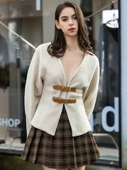 HH المرأة Y2k خمر الخامس الرقبة مشبك جلد معطف أنيق الصلبة طويلة الأكمام سترة الخريف موضة الأمومة الزي أبلى 2