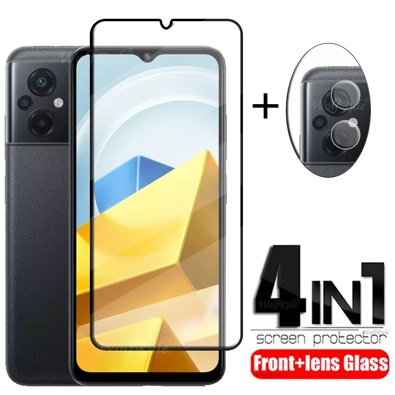 4-in-1 For Poco M5 Glass For Xiaomi Poco M5 M5S Tempered Glass Full Glue Cover 9H Screen Protector For Poco M4 M5S M5 Lens Glass