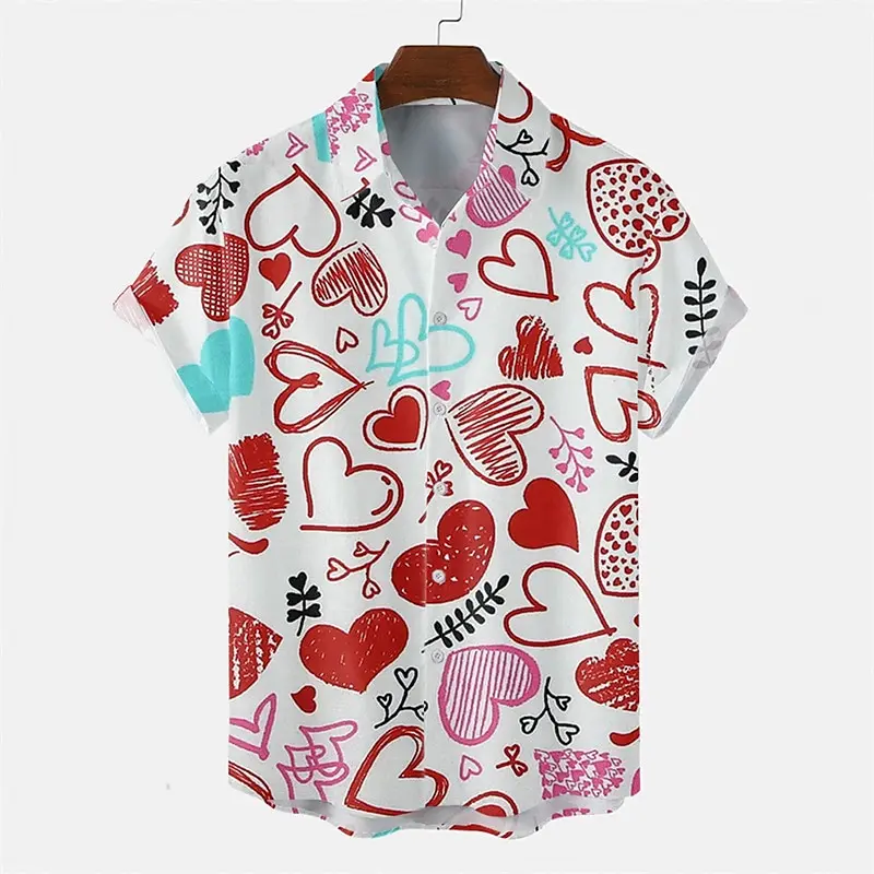 

Valentine's Day Short Sleeve Shirt Love Print Blouses Men Love Shirt Women And Men Shirt Pink Lapel Top 2024 Couple Tees Clothes