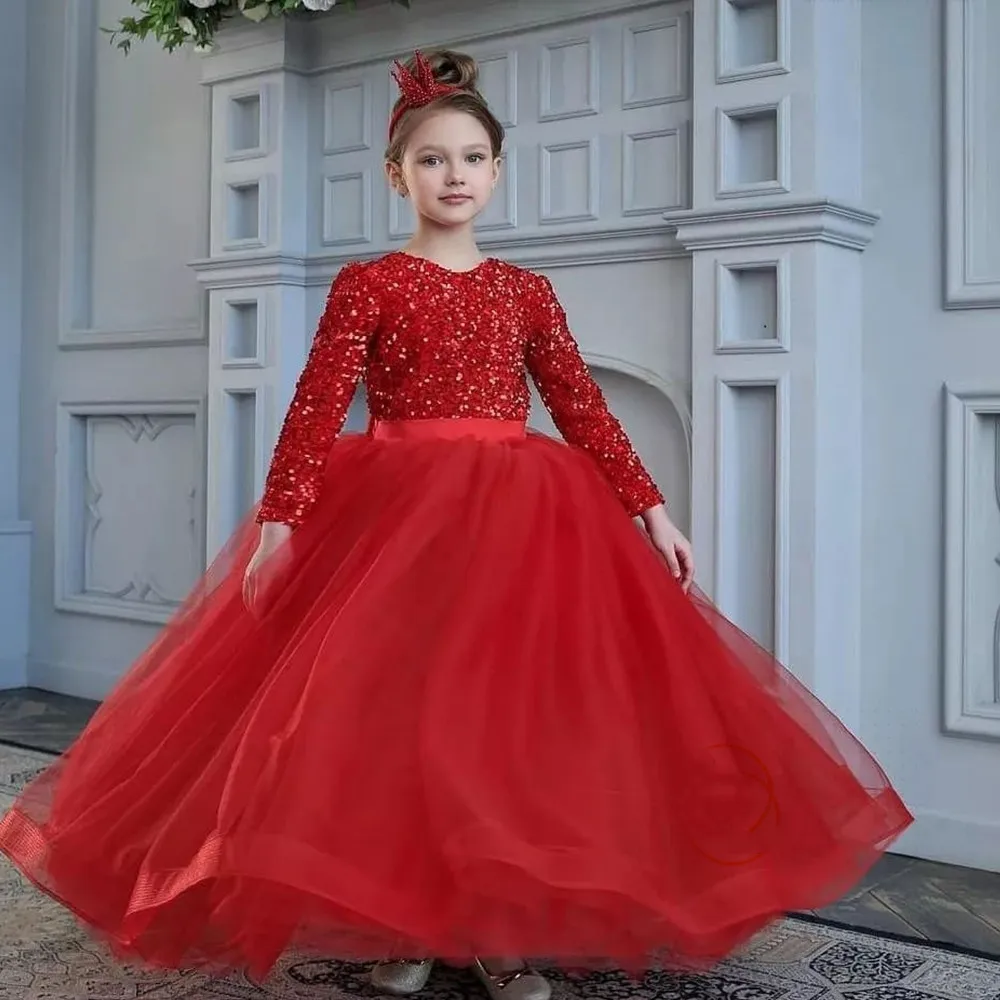 

Elegant Long Sleeve Flower Girl Dresses A Line Sequined Scoop Neck Princess Wedding Dress Girls Birthday Dress Pageant Gowns