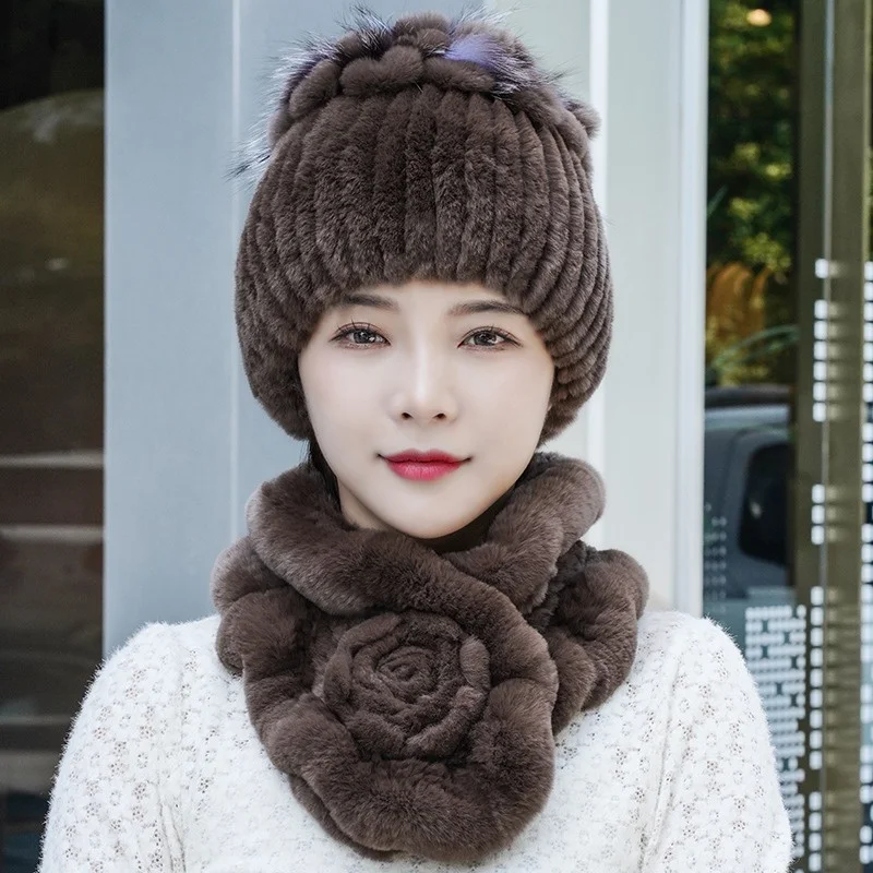 

Fur Rex Rabbit Hair Hat Scarf New Two Piece Set for Women`s Winter Warmth Thickened New Versatile Korean Ear Protection Hat