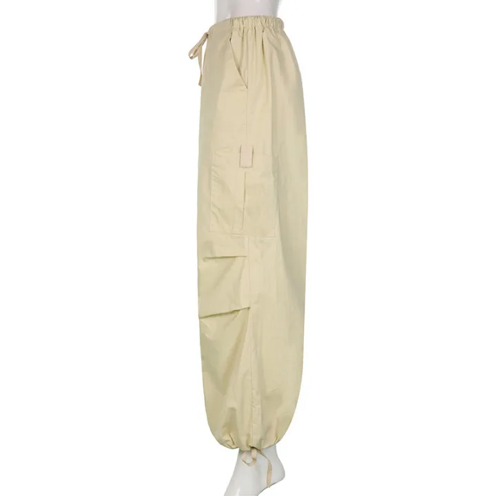 Weekeep Light Khaki Cargo Pants Streetwear 100% Cotton Big Pocket Patchwork Casual Pants Drawstring Low Waist Baggy Trouser Lady
