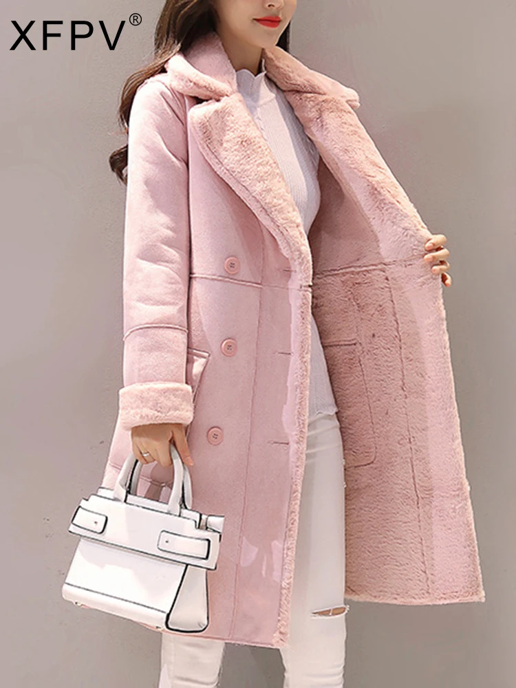 XFPVLightPinkLambFurLongWoolenCoatKoreaThickenedCashmereLong