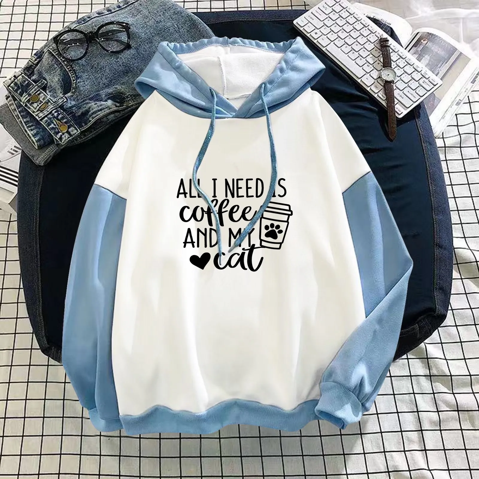 

Letter Print Women's Aesthetic Korean Hooded Sweatshirt Long Sleeve Drawstring Pullovers Color Block Y2k Hip Hop Sweatshirt Tops