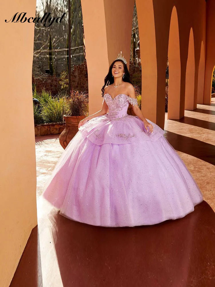 

Pink Shiny Off The Shoulder Quinceanera Dresses Ball Gown Applique Corset Sweet 15 Girls Party vestido de 15 anos quinceanera