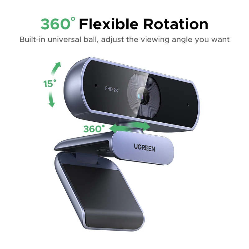UGREEN 2K Webcam with Microphone, Full HD USB Web Camera, Auto Light Correction, Video Webcam for Streaming