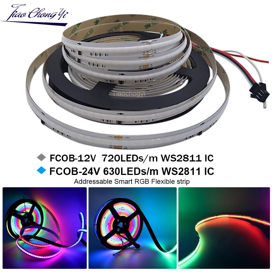 

WS2811 IC RGB Full Colors COB LED Strip DC12V 24V Addressable Smart RGB Flexible High Density Digital Pixel Dream Color Light