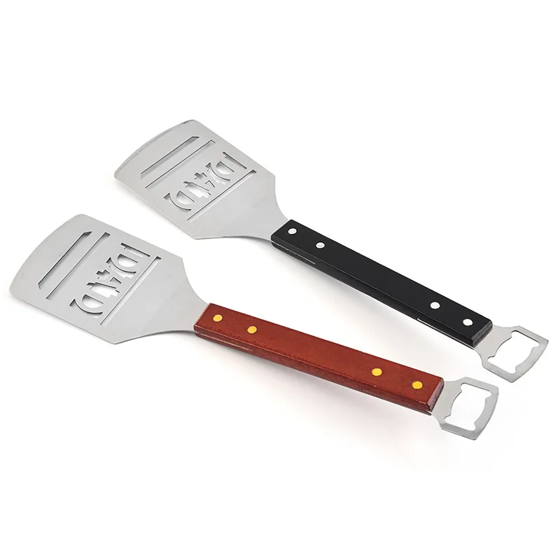 Stainless Steel Barbecue Spatula Outdoor Barbecue Letter Spatula Camping Tool Wooden Handle Creative Hollow