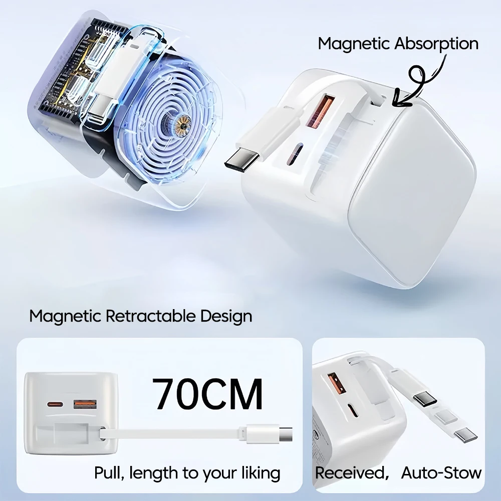 90w Gan Super Fast Charger Phone Charger Adapter Retractable Fast Charging Usb C Cable For Iphone 15 16 17 Samsung Huawei, Alina Gadgets