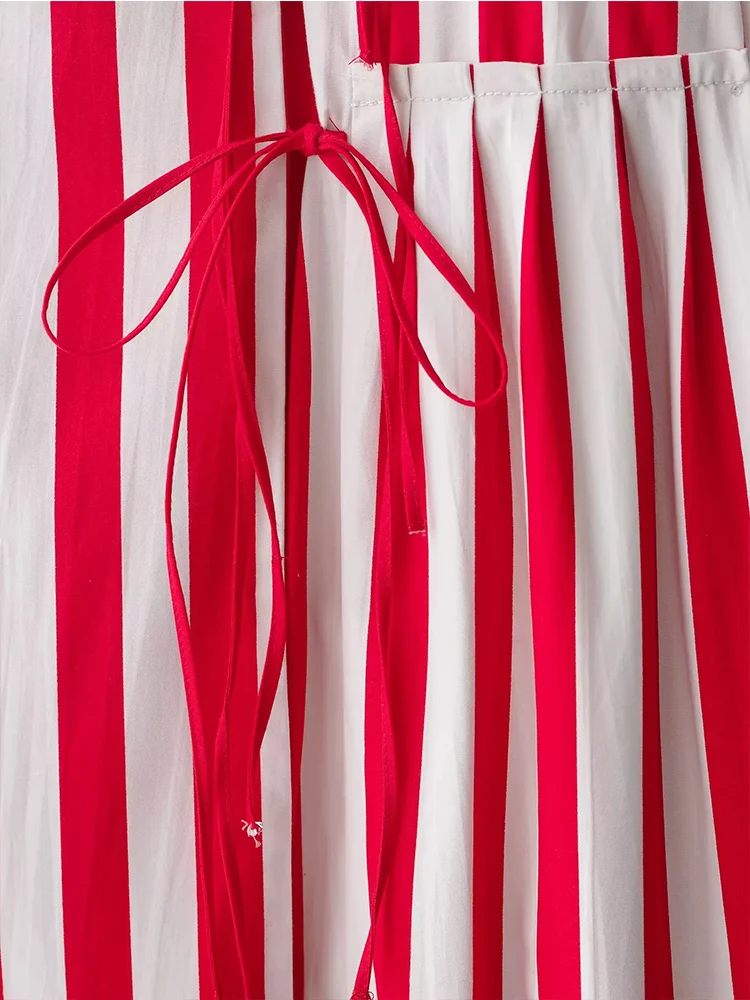 Women's Red White Stripe Skirt Summer Ruffle Bow Midi Skirt Chic Fashion Elegant Women Holiday Beach Long Skirt 2025