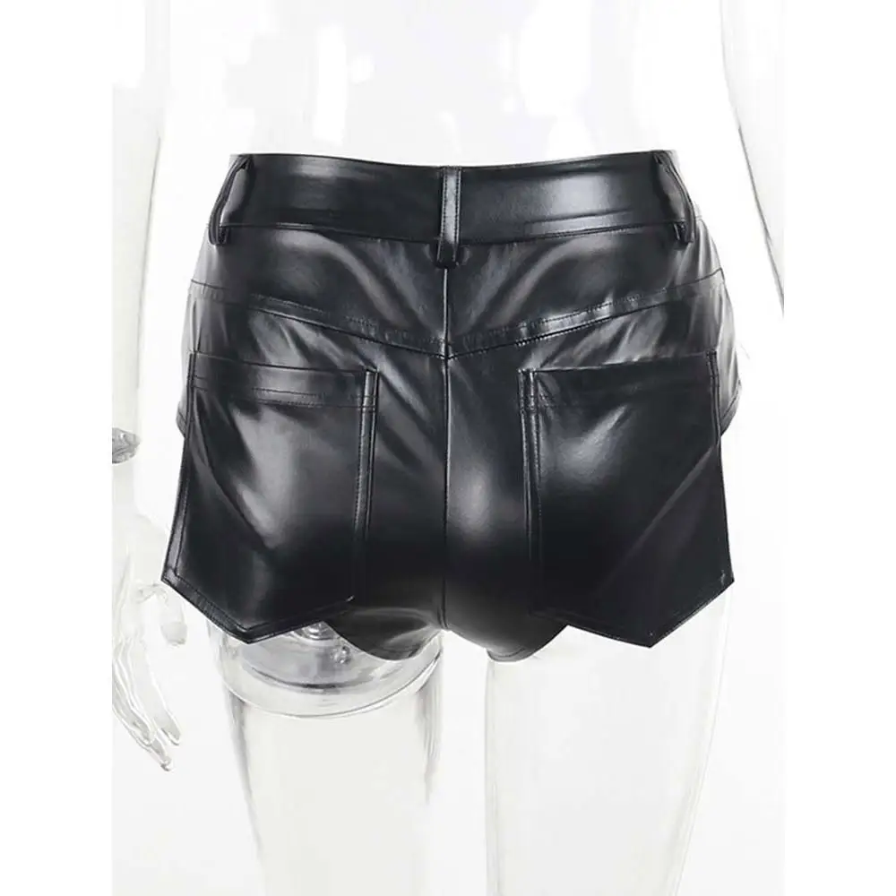 Sexy Split Wrap Hip Vintage Street Short Back Long Side Opening Leather Shorts