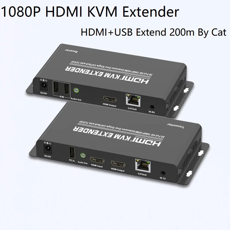 HDMI KVM Extender Over Single CAT5e/6 With TCP/IP 200M Distance Full HD 1080P Transmitter Receiver 3,5mm Audio Out USB-B Input