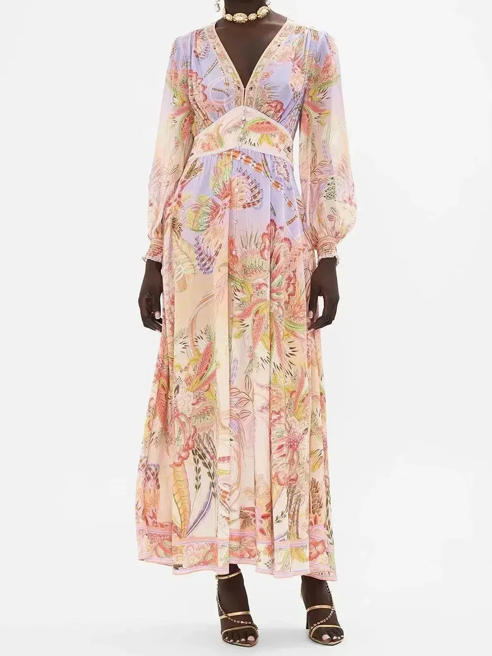 

Женское платье-макси с цветочным принтом, V-образным вырезом и длинным рукавом