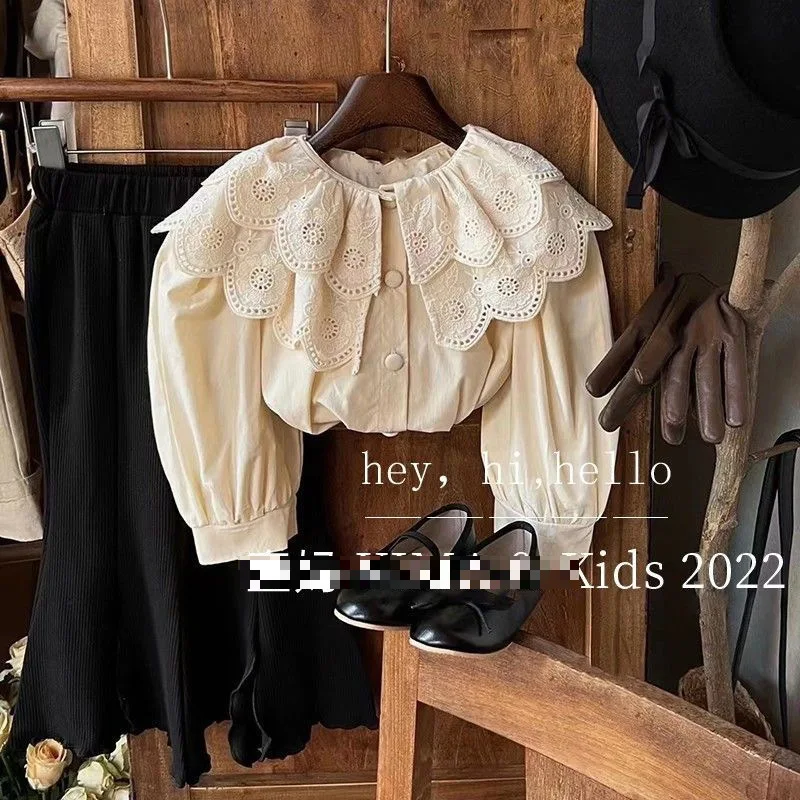 Children's Clothing Autumn Long sleeved Princess Top Girl's Lace Lace Lapel Beige Shirt Girls Blouse