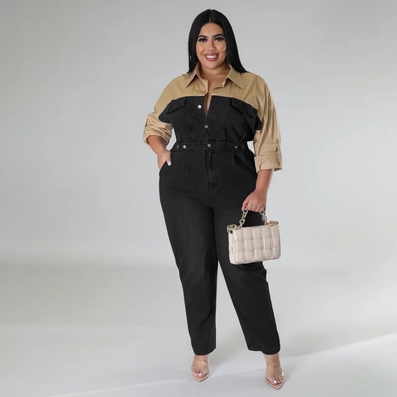 Plus Size Elegant Party Jumpsuit For Women Patchwork One Piece Outfit 2023 Spring Female Jean Jumpsuit Lady Designer Denim Pants