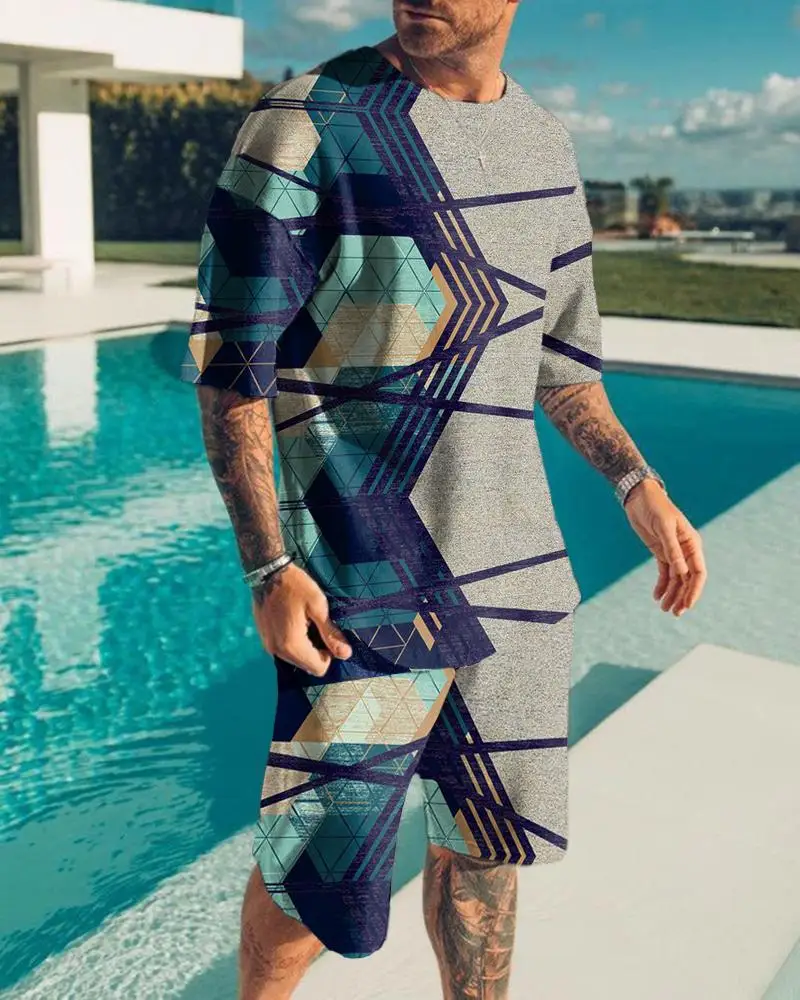 

New T Shirt Set Summer Geometric Printed Striped Fashion Street Short Sleeve 2Piece Sports Walking Suit Plus Size Men's Clothing