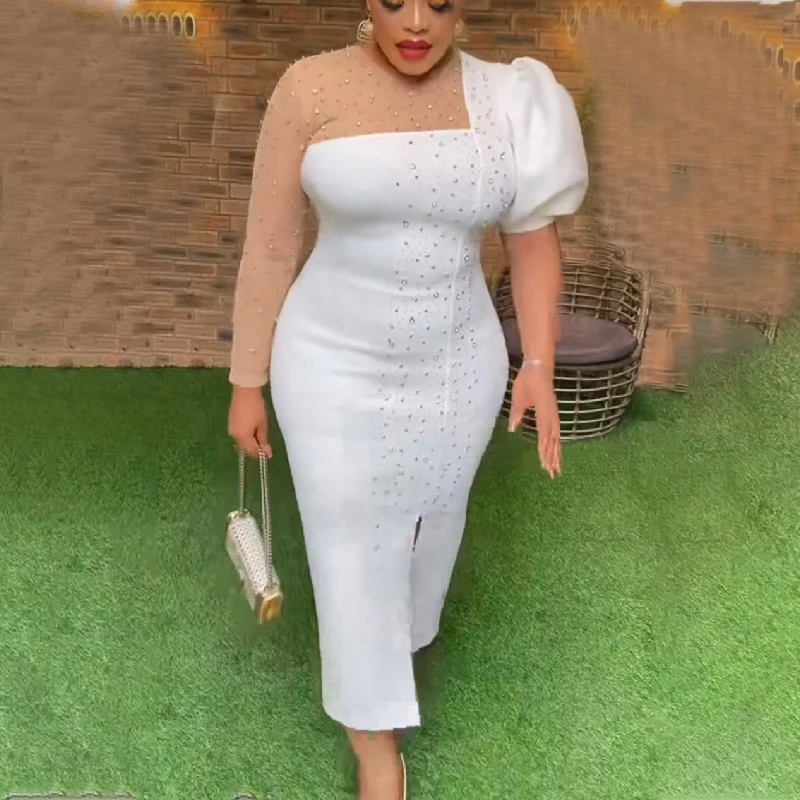

2023 Summer Luxury African Pearl Mesh Dress for Women Elegant Lady Wedding Evening Dresses Sexy Femme Bodycon Gown Plus Size