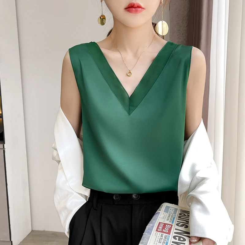 New Summer Silk Camisole Ladies Satin V-Neck Mulberry Silk Suspenders Thin Sleeveless Top Inside T-Shirt And Bottoming Vest