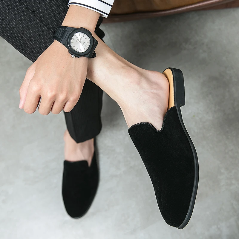 Half Shoes For Men Mules 2022 Suede Leather Italian Slip On Flat Summer Mens Casual Shoes Breathable Loafers Slippers Man Slides 3