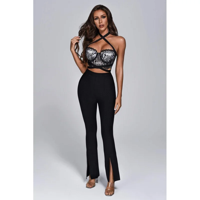 

2024 Summer New European and American Black Bandage Tight Lace Jumpsuit Sexy Evening Party Nightclub Tights
