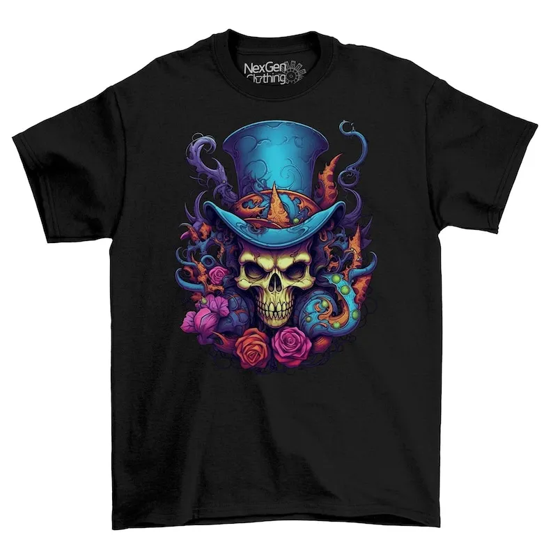 

Thorn & Rose Psychedelic Magic Skull T-Shirt Tee Top Men's Black Cotton Shirt | Mens Goth Fantasy Shirts | Dark Graphic T-Shirts