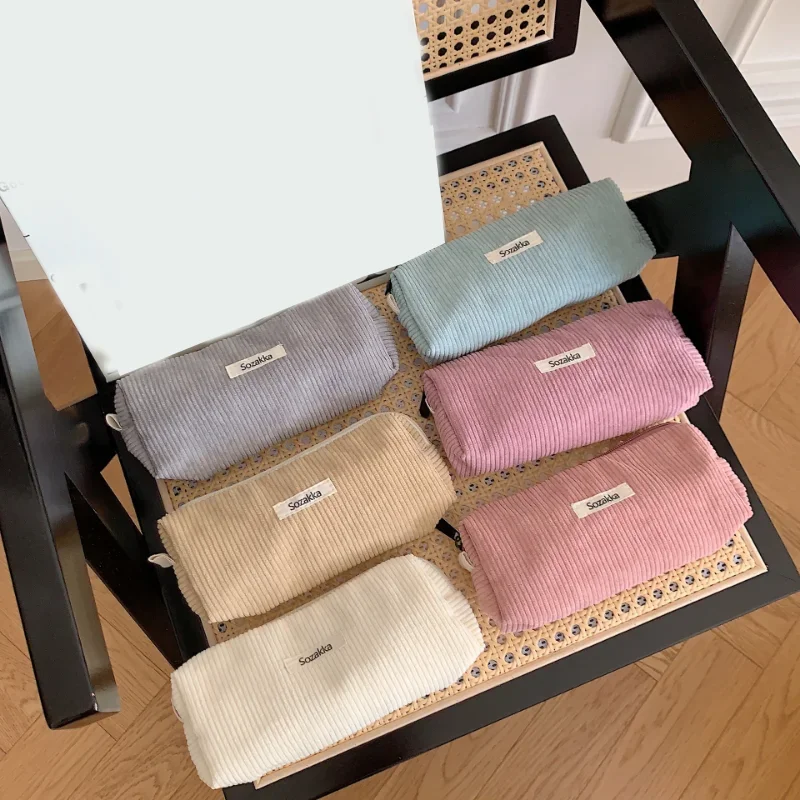 Korean Corduroy Cosmetic Bag Small Makeup Pouch Lady Portable Travel Toiletry Bag Necesserie Organizer Student Cute Pencil Case 2