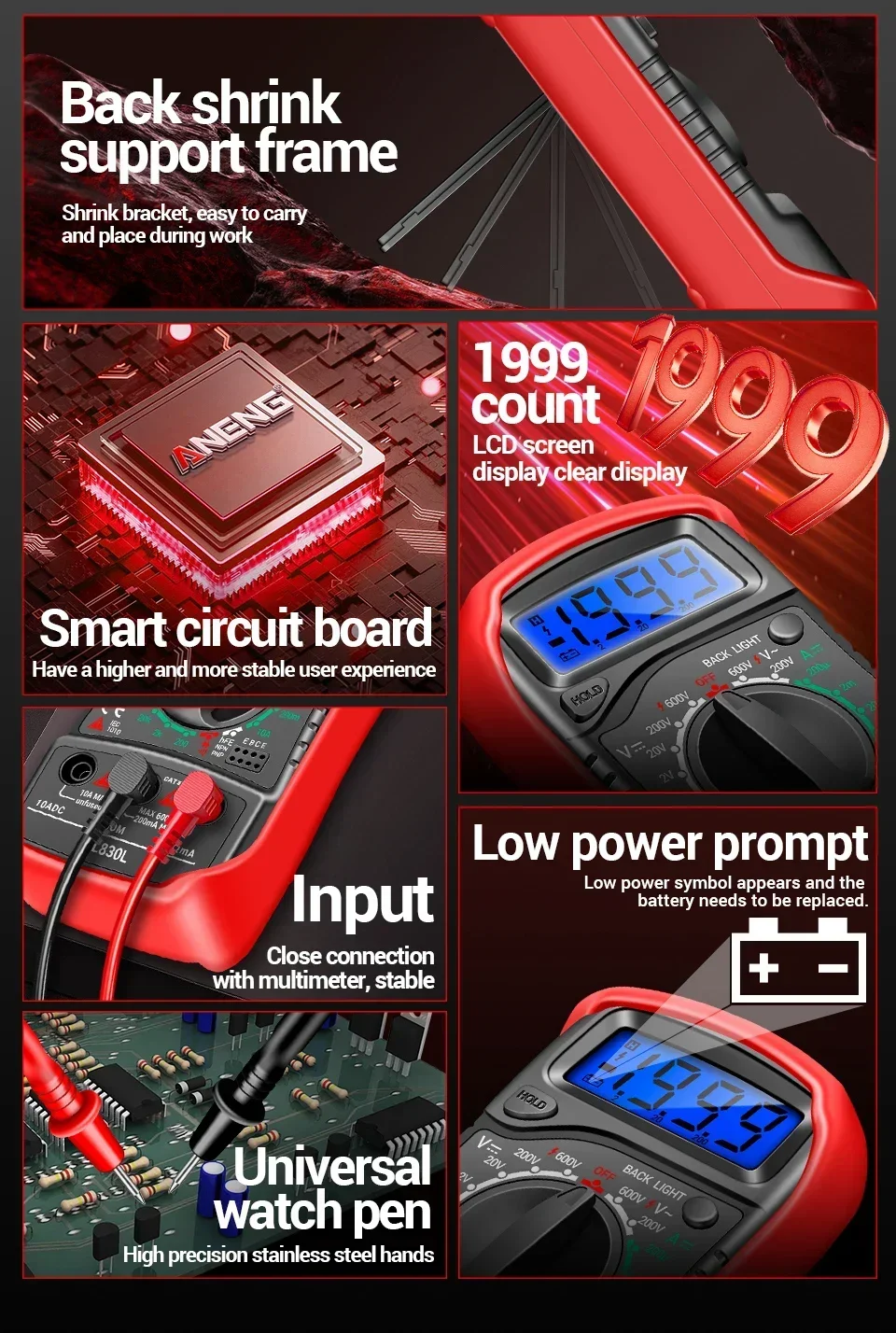 ANENG XL830L Digitales Multimeter Smart Spannungs-AC/DC-Widerstands-Amperemeter HFE Triode Ohm NCV Dioden-Multimeter Tester Messgerät Werkzeuge – Detail 6