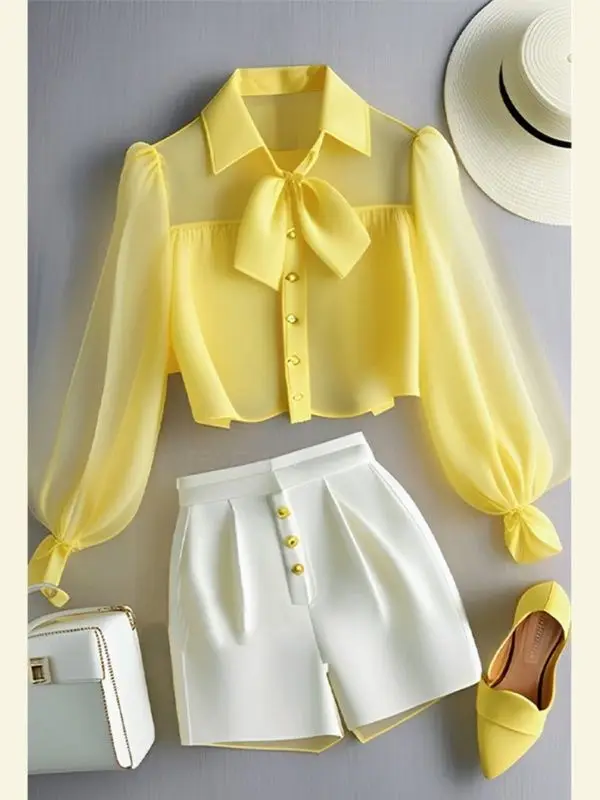 New Spring Summer Fashion 2 Piece Set Women Lapel Patchwork Yellow Chiffon Long Sleeve Shirt + White Shorts Women's Suit