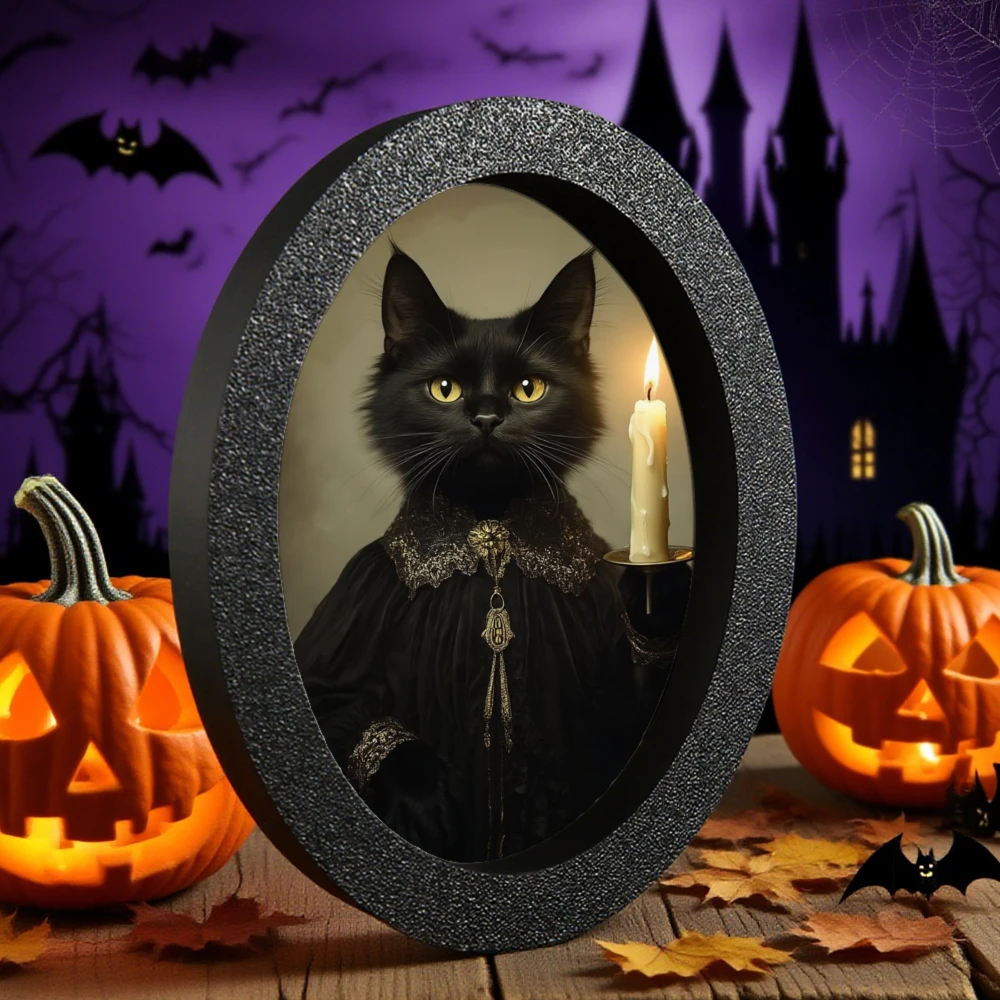 Gothic Black Cat Candle Holder Oval Decoration for Halloween and Retro Spa Ambiance