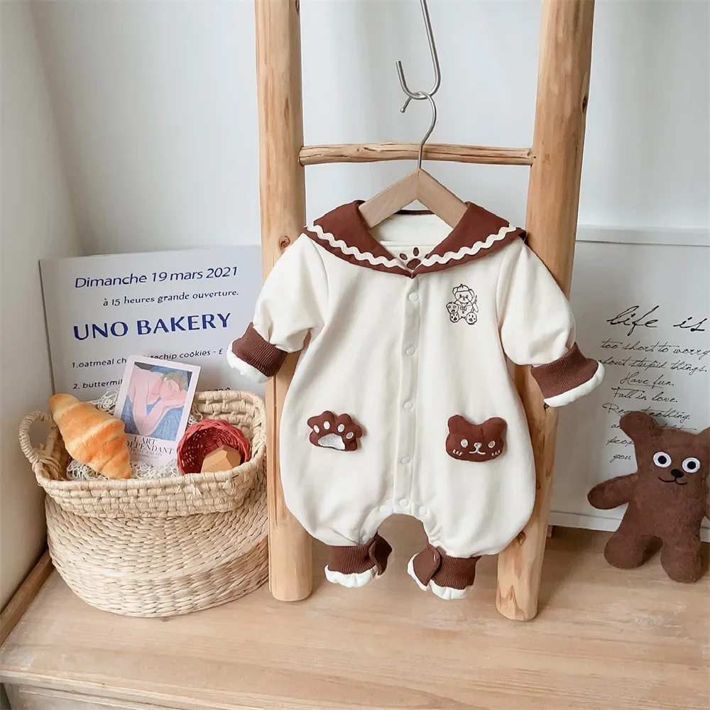 

2023 New in : 0-24M Unisex Newborn Baby Long Sleeve Sailor Collar Cartoon Bear Overall Romper - Cozy Outfit for Autumn Winter