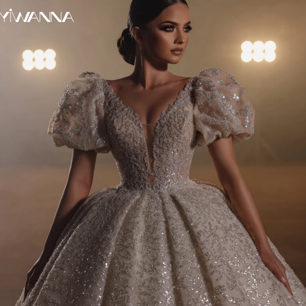 

Romantic Puff Sleeve Bridal Dress Sparkly Sequins Beads Wedding Gown 2024 Luxury Ball Gown Long Bride Robe Vestido De Novia