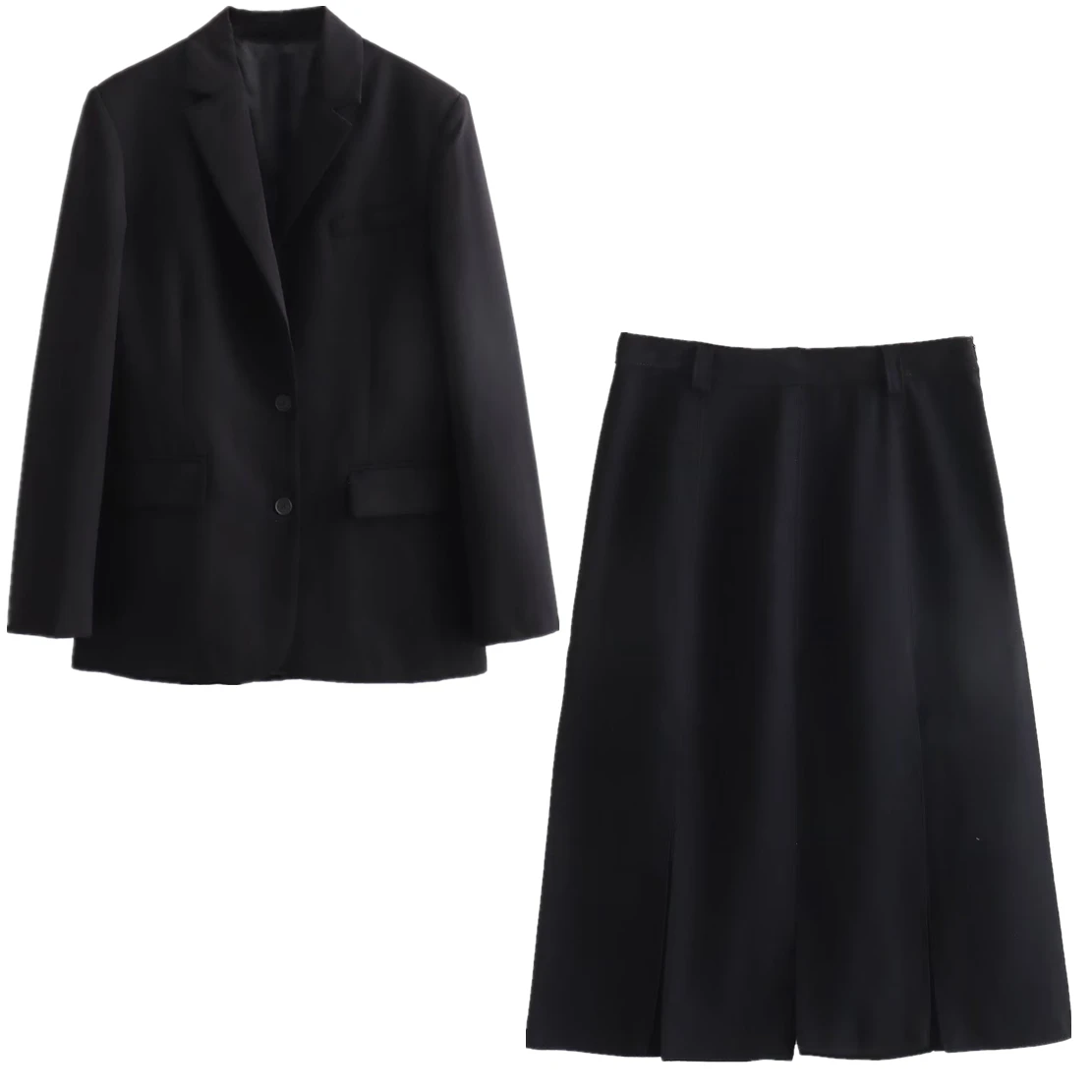 Withered French Fashion High Street Loose Black Blazers Retro Boyfriend Style High Waist Pleated Slit Loose Midi Skirt Women Set navy blue groom wedding tuxedos slim fit men suits black shawl lapel 2piece jacket best man blazers groomsmen wear costume homme