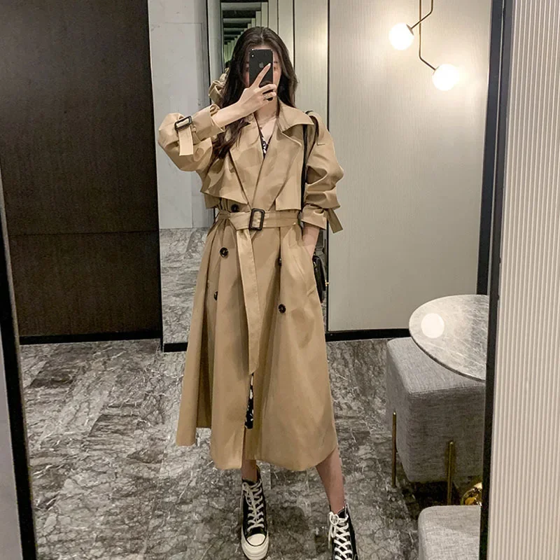 

Autumn New Style Khaki Windbreaker Women's Mid-length Over-the-knee Temperament Popular Casual Chic Small Tooling Trench Jacket