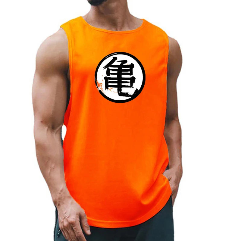 Summer Japanese Anime Turtle Script Printed Mens Gym Clothing Fitness Vest Quick Dry Bodybuilding Muscle Sleeveless Tank Top