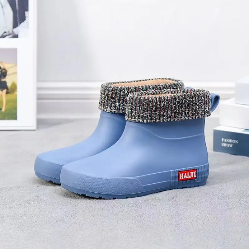 Women's Autumn Winter Rain Shoes Thick Bottom Non Slip High Top Cover Foot Plush Warm Rain Shoes Waterproof Working Boots