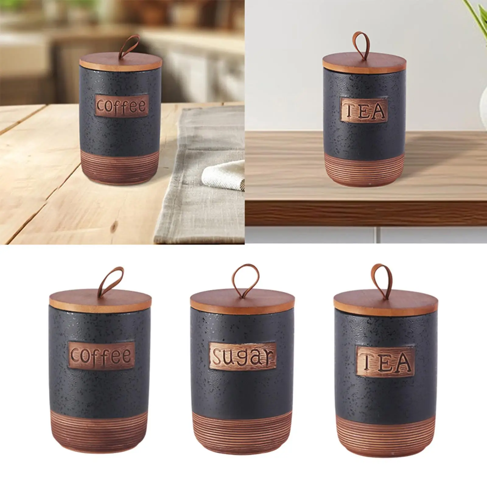 Ceramic Storage Container Holder with Wood Lid Ornament Kitchen Canister Food