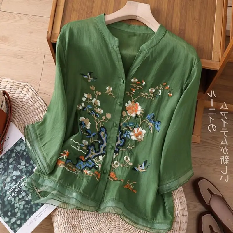 New Women Clothing Flower Embroidery Tops Tang Costume Chinese Style Shirts Traditional Cheongsam Blouse For Lady Female