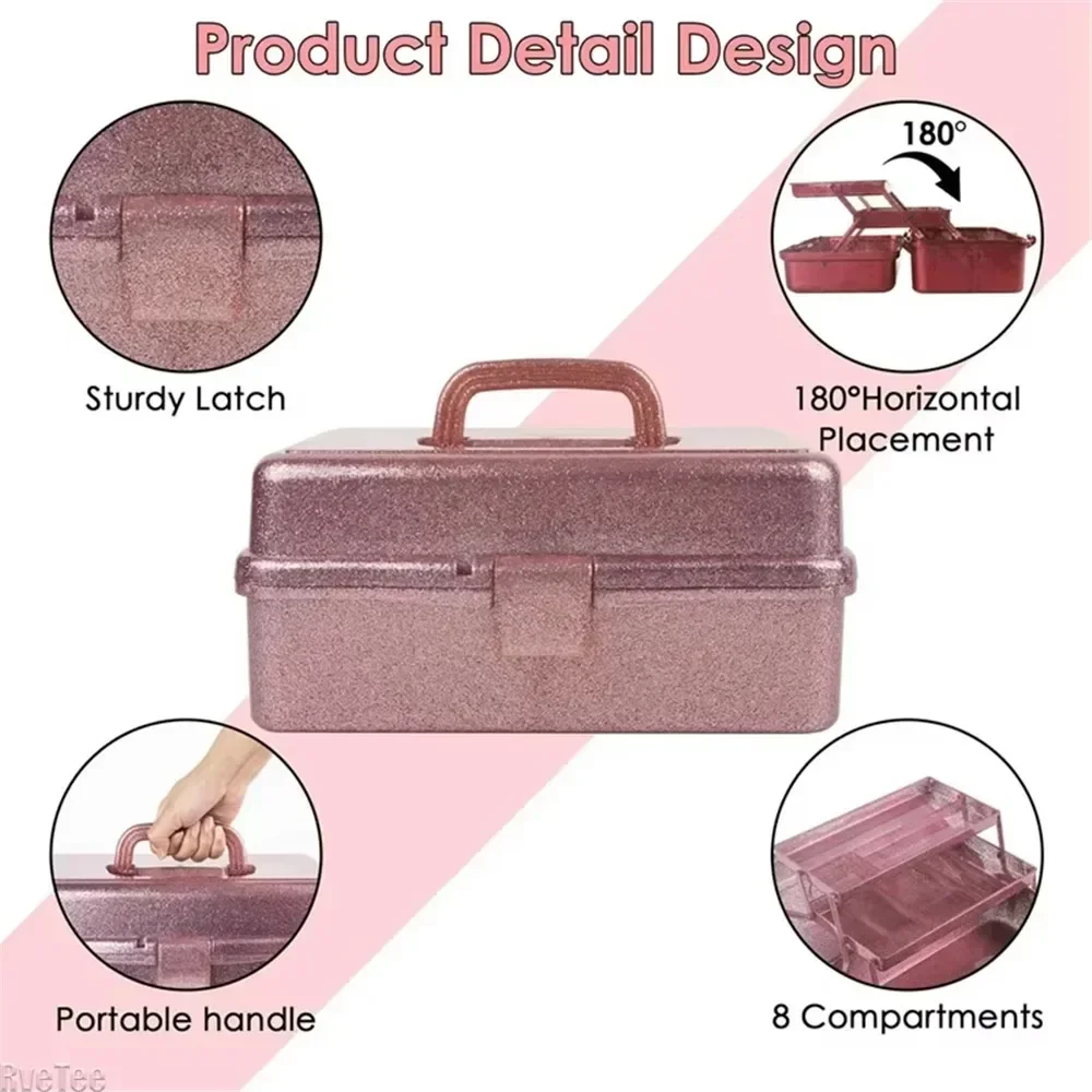 Foldable Handheld All-Glitter Beauty Cosmetics Storage Box with Handle – Large-Capacity Makeup Toolbox