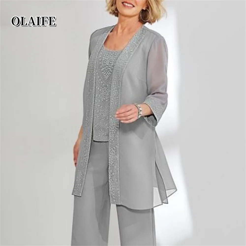 Mother Bride Dresses Chiffon Pantsuits with Jacket