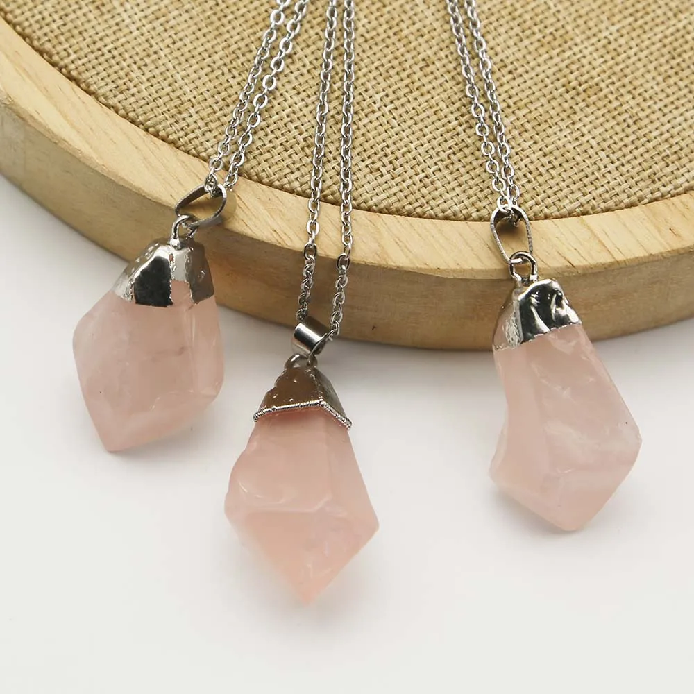 Natural Stone Irregular Rose Quartz Silver Plated Pendant Stainless Steel Chain Necklace Charm DIY Jewelry Accessories Gift 8Pcs