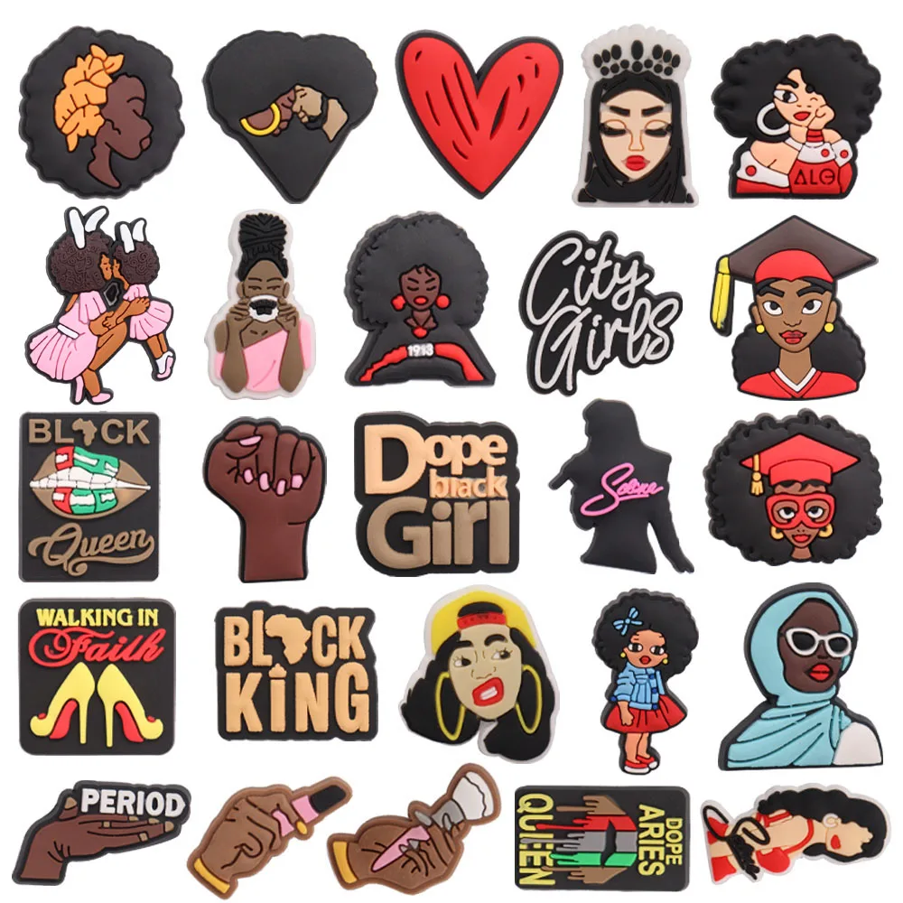 

Wholesale 50Pcs PVC Period Black Queen Woman DIY Bracelet Croc Jibz Children Shoe Button Slippers Buckle Clog Shoe Decorations
