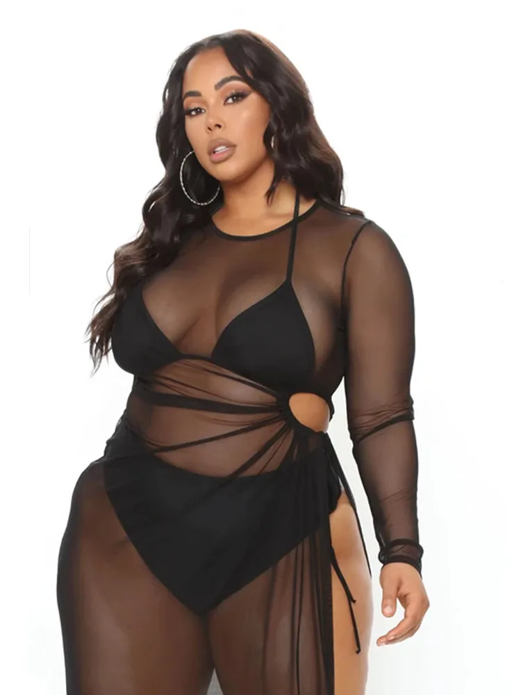 Wmstar Plus Size Women Clothing Dresses Sexy Hollow Out Mesh See Through Fashion Dress New Wholesale Dropshipping