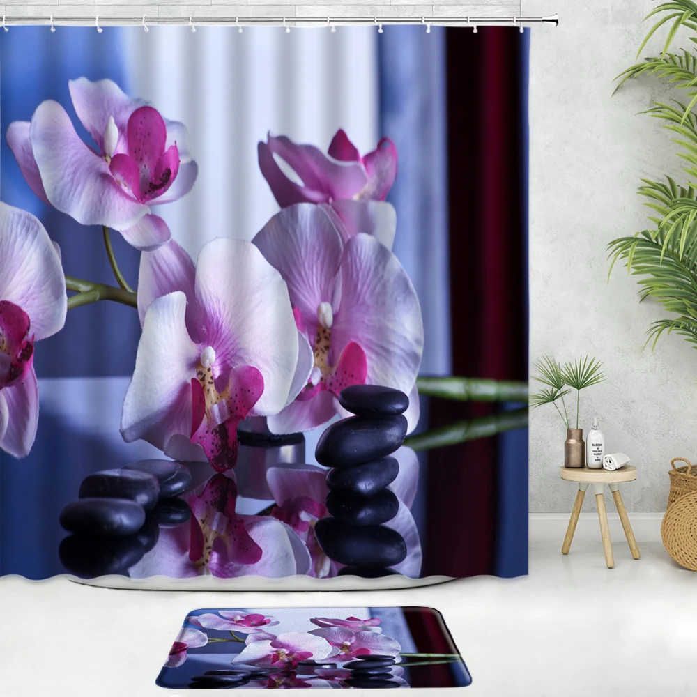 Flower Purple Orchid Shower Curtain Set Bath Mat Phalaenopsis Black Stone Zen Spa Plant Landscape Decor Bathroom Non-slip Carpet