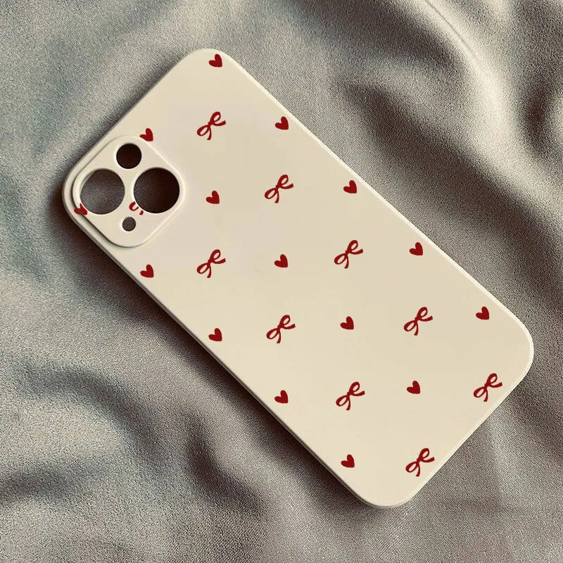 Korean Cute Pink Bow Love Heart Soft Silicone Square Phone Case