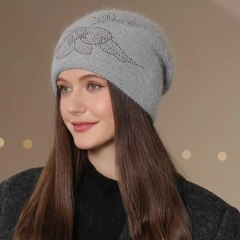 New Women Winter Hat Fashion Decorate Beanie Hat Rabbit Fur Blend Warm Winter Cap For Female Casual Streetwear Knitted Hat 5